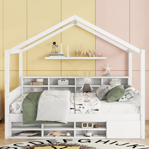 Bellemave® Wooden House Bed with Shelves and a Mini-cabinet Bellemave®