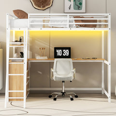 Bellemave® Twin Size Metal&Wood Loft Bed with Desk and Shelves, Two Built-in Drawers, LED Light and USB Charging Station