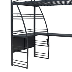 Bellemave® Metal Loft Bed with 4 Layers of Shelves and L-shaped Desk, Desk with a set of Sockets, USB Ports and Wireless Charging