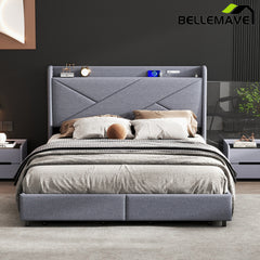 Bellemave® Queen Size Upholstered Platform Bed with Storage Headboard, LED, USB Charging and 2 Drawers