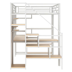 Bellemave® Full Size Metal Loft Bed with Storage Staircase and Small Wardrobe, Built-in Desk and Storage Shelves