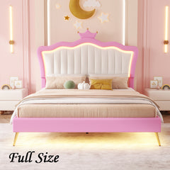 Bellemave® Modern Upholstered Princess Bed with Crown Headboard and LED Lights