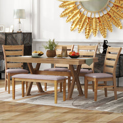 Bellemave® 6-Piece Retro Dining Table Set, Table with Unique Legs and 4 Upholstered Chairs & 1 Bench