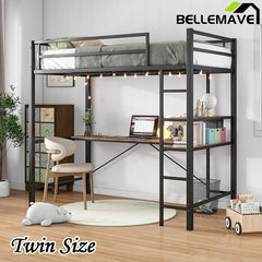 Bellemave® Twin Size Metal Loft Bed with L-Shaped Desk and Shelves, Charging Station, Led Lights, Safety Guard & Ladder