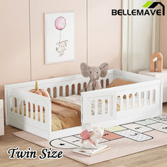 Bellemave® Solid Wood Floor Bed with Slats, Heightened Safety Guardrails and Door