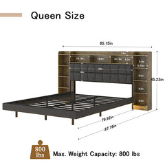 Bellemave® Queen Size  Upholstered Platform Bed with LED Light, Bookcase Storage Headboard and Charging Station