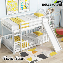 Bellemave® Twin Size Solid Pine Wood Floor Bunk Bed with Slide and Ladder, Door and Safety Guardrails