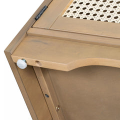 Wood storage bench corner detail with woven rattan door