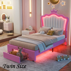 Bellemave® Modern Upholstered Princess Bed with Drawers,Crown Headboard and LED Lights