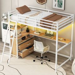 Bellemave® Twin Size Metal&Wood Loft Bed with Desk and Shelves, Two Built-in Drawers, LED Light and USB Charging Station