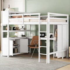 Bellemave® Full Size Wood Loft Bed with Cabinet and Bookshelf, Wardrobe and Desk