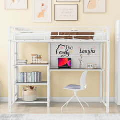 Bellemave® Metal Loft Bed with Desk and Whiteboard, 3 Shelves and Ladder