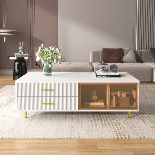 Bellemave® Modern Coffee Table with 2 Glass Door Storage and 4 Drawers, Gold Metal Legs and Multi-Color Lighting