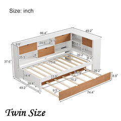 Bellemave® L-Shaped Bed Frame with Trundle and and Bookcase,LED Downlight and USB Port