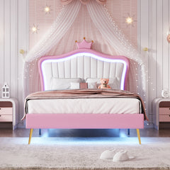 Bellemave® Modern Upholstered Princess Bed,Crown Headboard with LED Lights