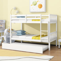 Bellemave® Twin Size Rubber Wood Bunk Bed with Trundle Bed, Convertible into 2 Twin Size Beds