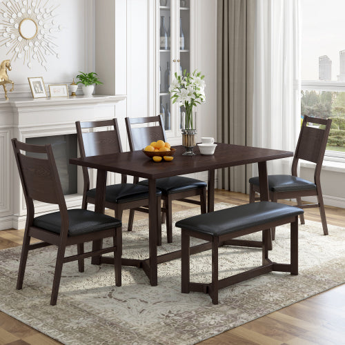 Bellemave® 6-Piece Wood Dining Table Set with 4 Upholstered Chairs and Bench