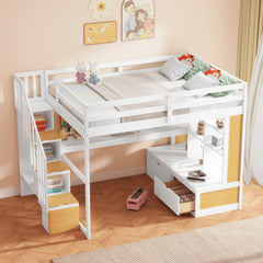 Bellemave® Full Size Loft Bed with Desk and Shelves, Two Built-in Drawers, Storage Staircase