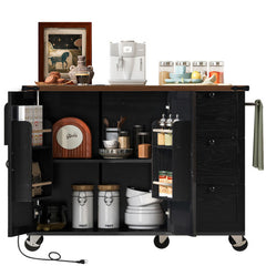 Bellemave® 54.5" Farmhouse Kitchen Island with Power Outlet and Internal Storage Rack, Drop Leaf and Spice Rack