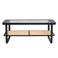 Bellemave® Modern Minimalist Rectangular Double Layer Black Solid Wood Imitation Rattan Coffee Table with Craft Glass Table Top