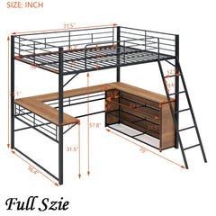 Bellemave® Metal Loft Bed with 3 Layers of Shelves and L-shaped Desk