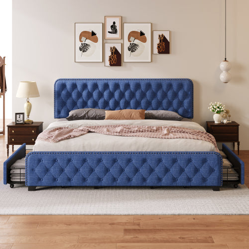 Bellemave® King Size Upholstered Platform Bed with 4 Drawers, Button Tufted Headboard and Footboard Sturdy Metal Support Bellemave®