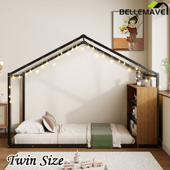 Bellemave® Metal House Bed with Shelves and Lights