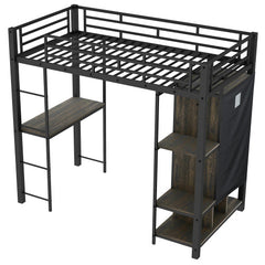 Bellemave® Twin Size Metal Loft Bed with Built-in Wardrobe, Desk and Shelves