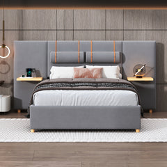 Bellemave® Upholstered Platform Bed with Two Outlets and USB Charging Ports on Both Sides, Two Bedside Pillows