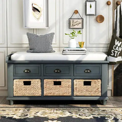 Bellemave® Rustic Storage Bench with 3 Drawers and 3 Rattan Baskets Bellemave®