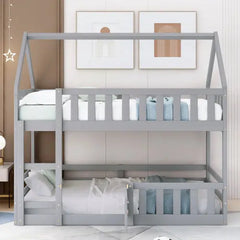 Bellemave Twin Size House Bunk Bed with Fence and Door Bellemave