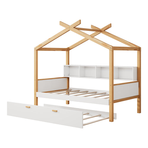 Bellemave® Twin Size Wooden House Bed with Original Wood Color Frame with Trundle Bed and Bookshelf Storage Space