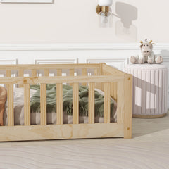 Bellemave® Twin Size Montessori Floor Bed with Fence and Door