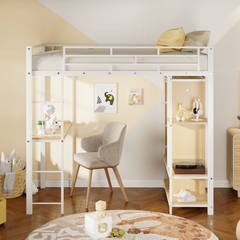 Bellemave® Twin Size Metal Loft Bed with Built-in Wardrobe, Desk and Shelves