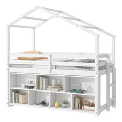 Bellemave® Twin Size House Loft Bed with Roof Frame, Under Bed Shelving Storage Unit, Guardrails, Ladder Bellemave®