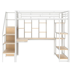 Bellemave® Full Size Metal Loft Bed with Storage Staircase and Small Wardrobe, Built-in Desk and Storage Shelves