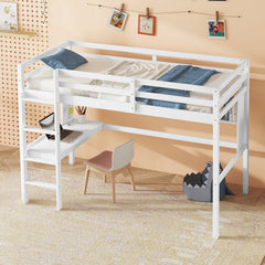 Bellemave® Twin Size Loft Bed with Built-In Desk and Bookcase of Three Compartments, Guardrails and Ladder