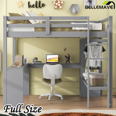 Bellemave® Loft Bed with L-shaped Desk, Wardrobe and Storage Shelves