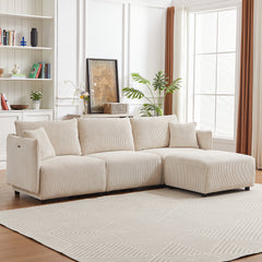 Bellemave® 106" Modern Minimalist Corduroy Combination Sofa with 2 Comfort Cushions with USB & C Charging Ports