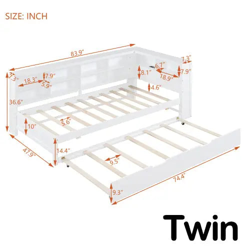 Bellemave Wooden DayBed with Trundle,Storage Shelf and USB Charging Ports Bellemave