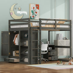 Bellemave® Full Size Loft Bed with Built-in Wardrobe, Desk, Storage Shelves and Drawers