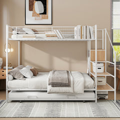 Bellemave® Twin Over Full Metal Bunk Bed with Trundle and Lateral Storage Ladder and Wardrobe