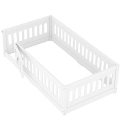 Bellemave® Solid Wood Floor Bed with Heightened Safety Guardrails and Door, No Slats Included