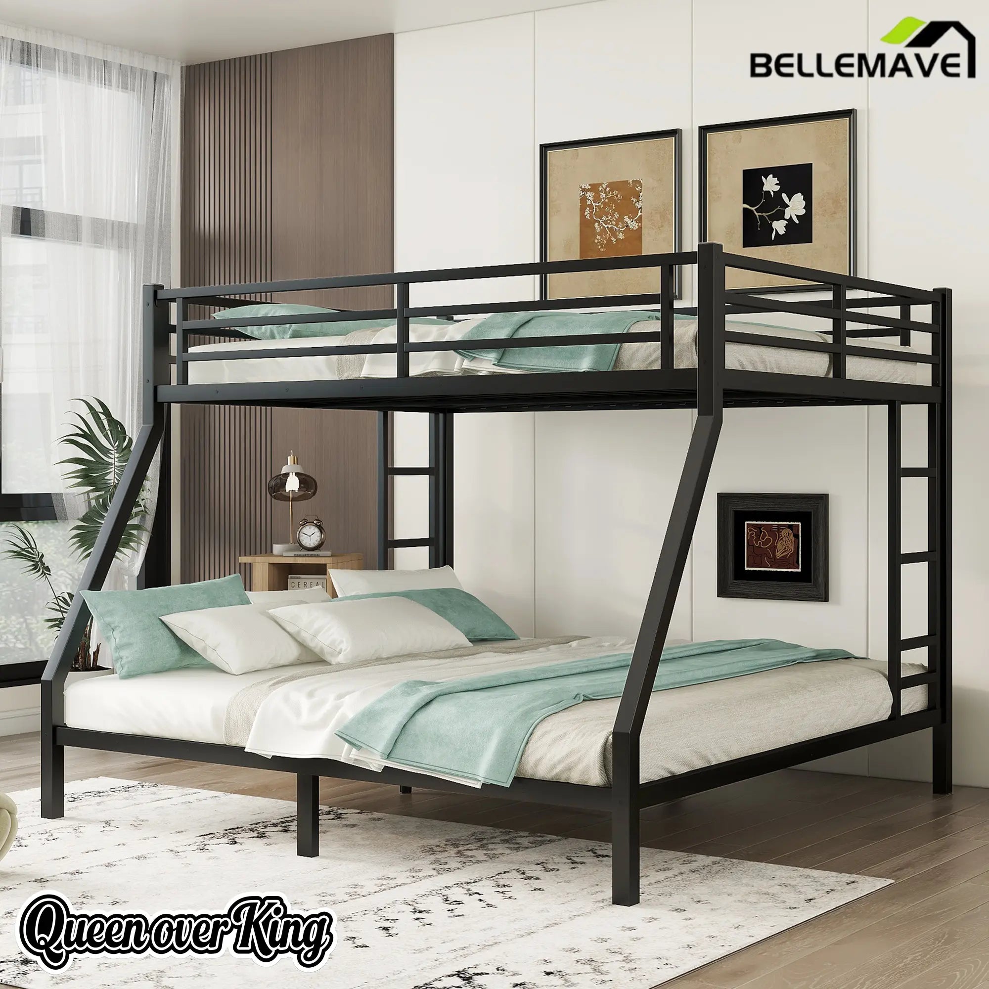 Bellemave® Queen Over King Bunk Beds Frame for Teens and Adults with 2 Side Ladder and Full Length Guardrail Bellemave®
