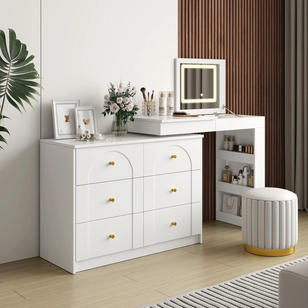 Bellemave® Vanity Desk with Mirror and Lights, Flip-Top Tabletop, 7 Storage Drawers, 9 Compartments