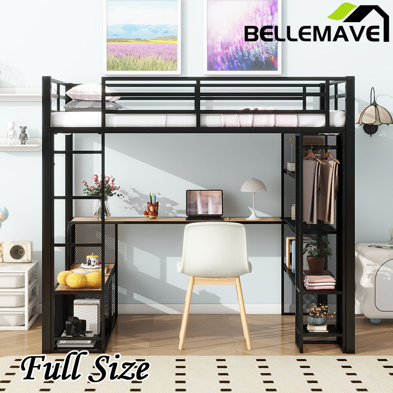 Bellemave® Full Size Metal Loft Bed with Storage Iron Mesh and MDF Shelves and Open Wardrobe