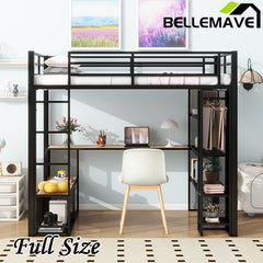 Bellemave® Full Size Metal Loft Bed with Storage Iron Mesh and MDF Shelves and Open Wardrobe