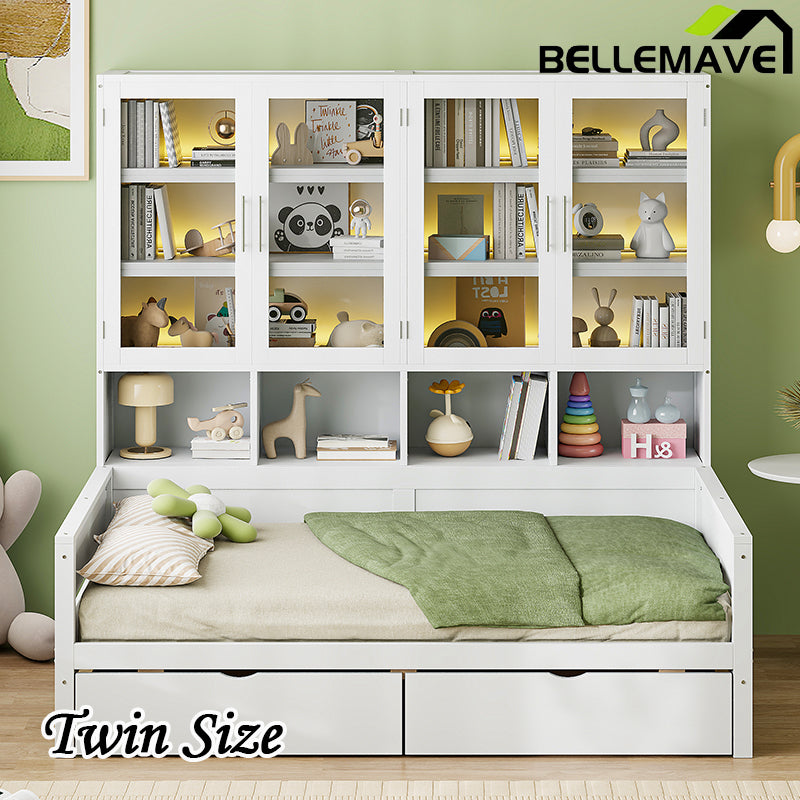 Bellemave® Wooden Daybed with Glass-Door Storage Cabinets, Built-in LED Lighting and Shelves