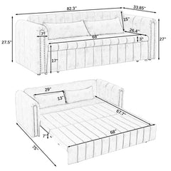 Bellemave® 82.3" 3 in 1 Pull-Out Modern Upholstered 3 Seats Lounge Sofa with Rolled Arms Decorated and Copper Nails ,2 Drawers and 2 Pillows