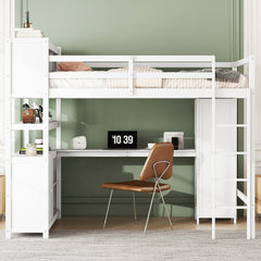 Bellemave® Full Size Wood Loft Bed with Cabinet and Bookshelf, Wardrobe and Desk